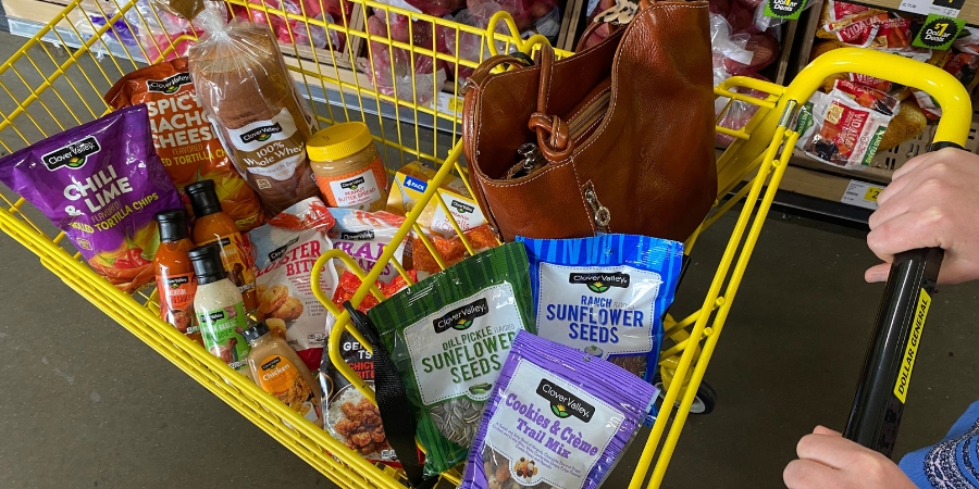 Shopping cart in Dollar General filled with grocery products from the store's Clover Valley line