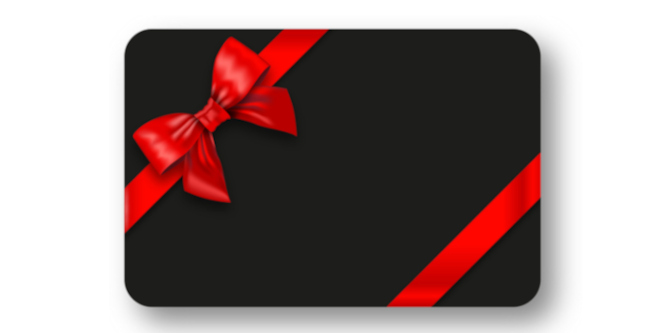 image of a black gift card box with a simple red ribbon tied around it at the top left and bottom right corners, two bows on the top right, blank white background