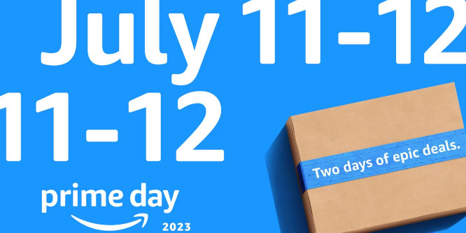 Blue background reading July 11-12 at top in white text, 11-12 below it on the left, Prime Day logo below that, on the right Amazon box with tape reading "two days of epic deals."