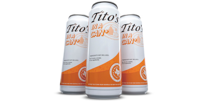 Three Tito's Handmade Vodka "Tito's in a Can" cans from the brand's satirical campaign, on a white background