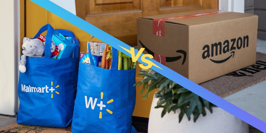 Image of Walmart+ groceries and an Amazon Prime package on two different doorsteps