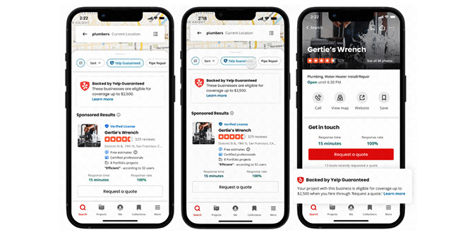 three iphones displaying updates to the Yelp platform in April 2023