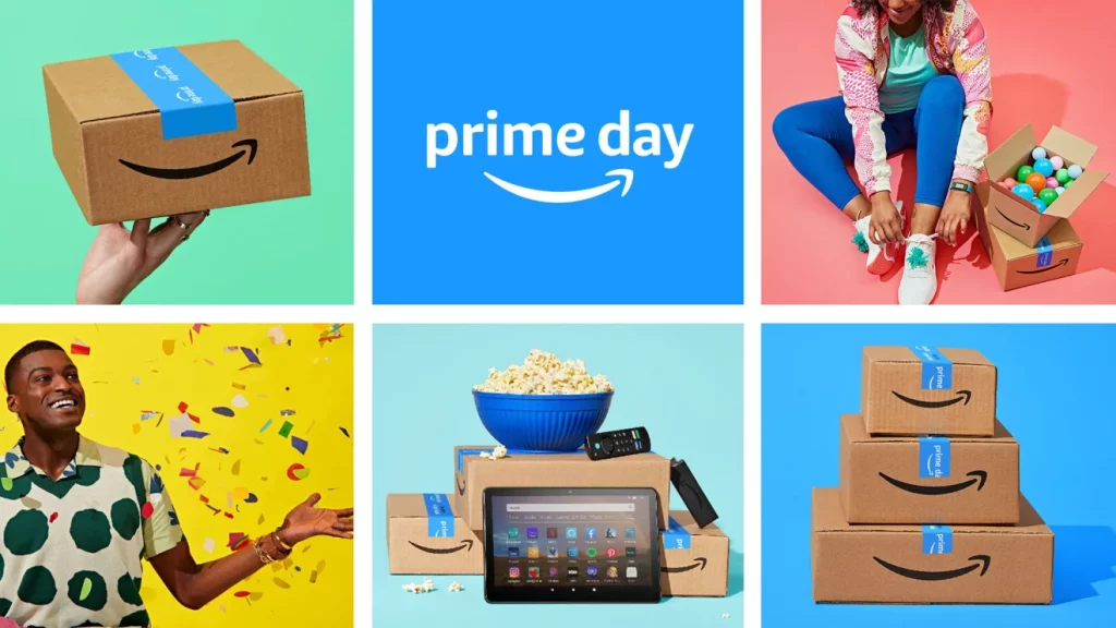 6-panel image about Amazon Prime Day